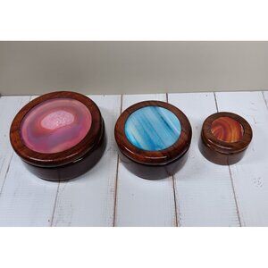 VTG Woodstones Round Trinket Jewelry Boxes  Agate Lids Polished Wood 3 pc Brazil